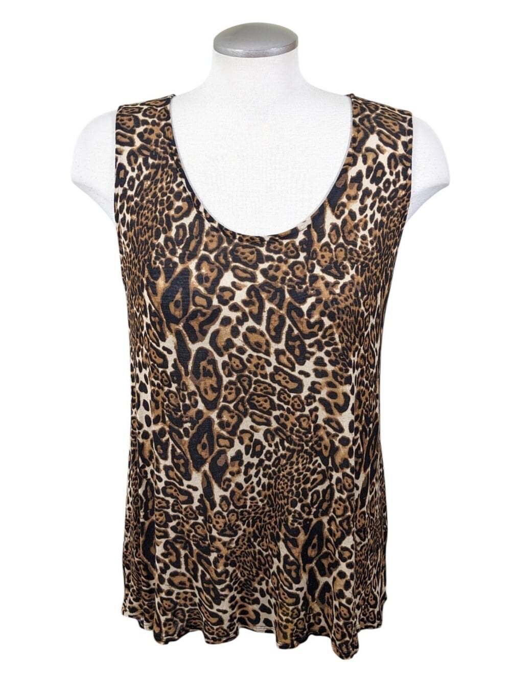 Leopard Print Sleeveless Scoop Neck Flowy Tank Top Brown Black Animal Print Med